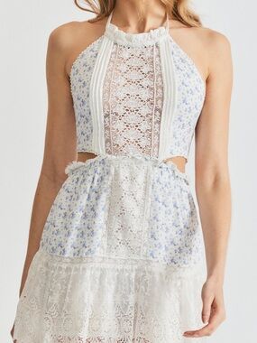Loveshackfancy White & Light Blue Floral Lace Halter Dress